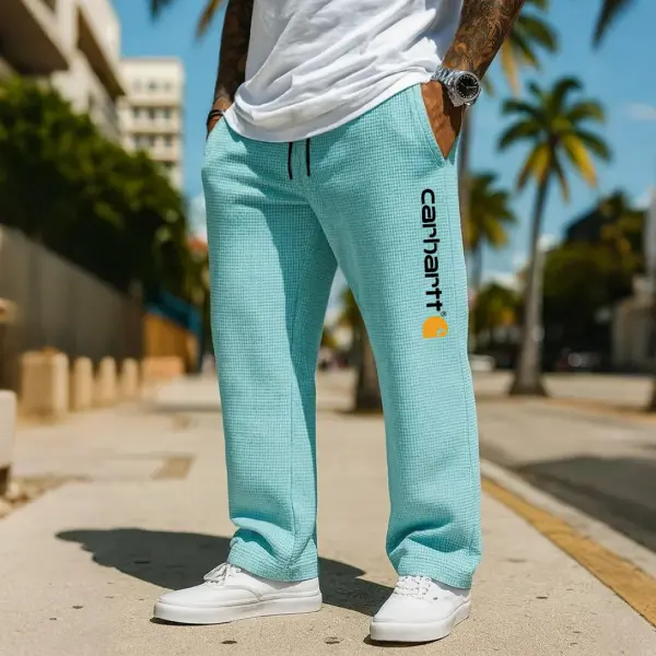 Men's Vintage Waffle Knit Surf Print Elastic Drawstring Casual Pants - Ootdyouth.com 