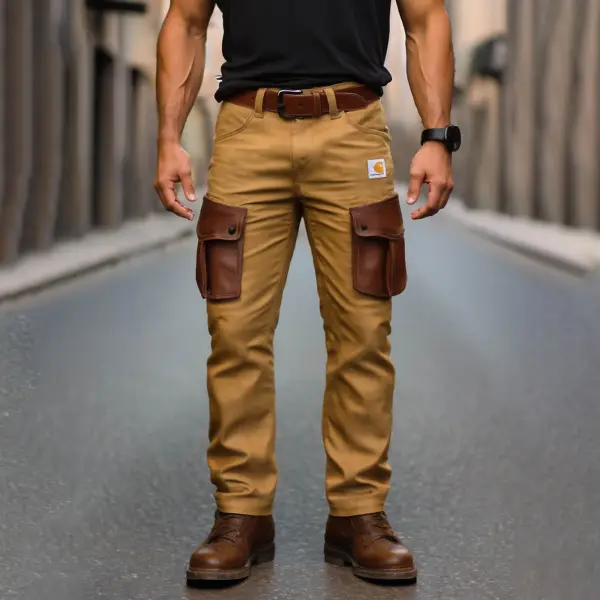 Men's Vintage Surf Multi-Pocket Workwear Trousers With Leather Pockets Cargo Pants - Ootdyouth.com 