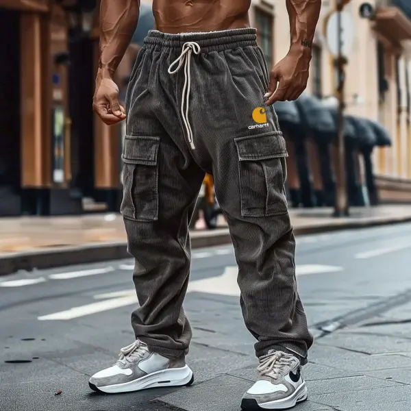 Men's Vintage Corduroy Cargo Pants With Drawstring Waist - Ootdyouth.com 