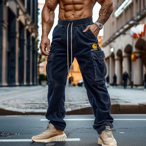 Men's Vintage Dark Blue Corduroy Cargo Pants With Drawstring Waist - Ootdyouth.com 