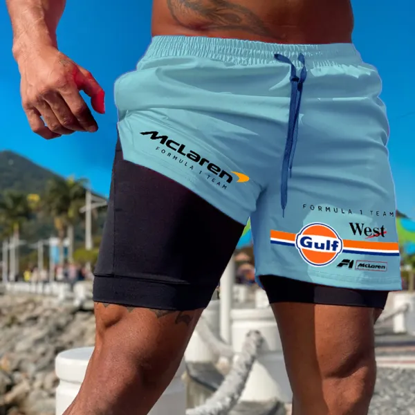 Men's Racing Print Double Layer Sports Shorts - Ootdyouth.com 