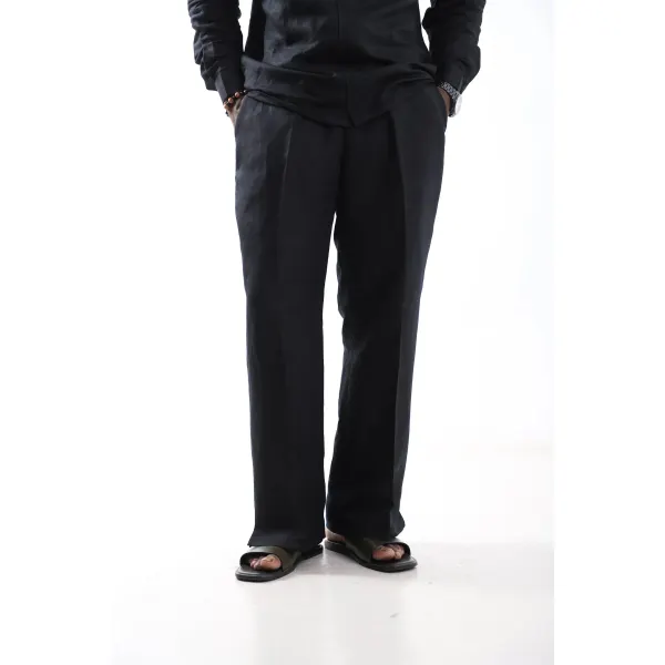 Black Linen Wide-Leg Trousers - Ootdyouth.com 