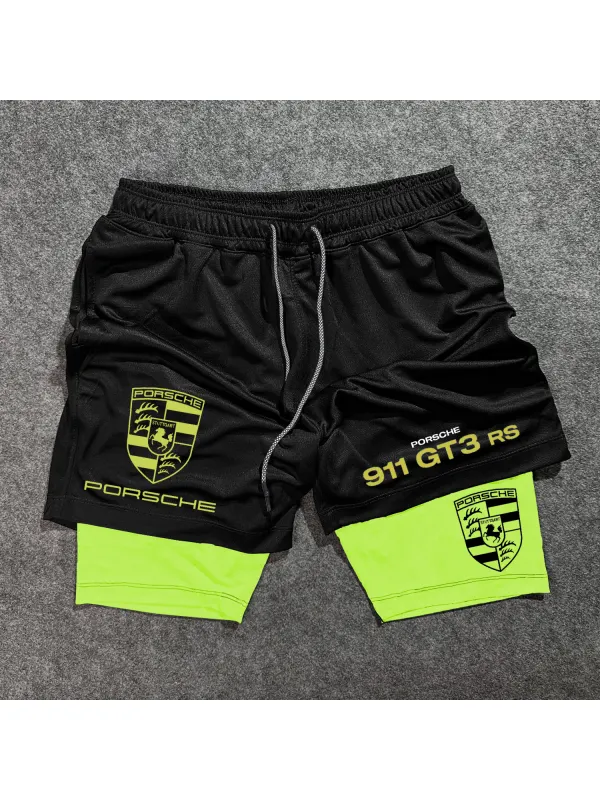 Sports Fitness Racing Design Double Layer Shorts - Aptkoi.com 