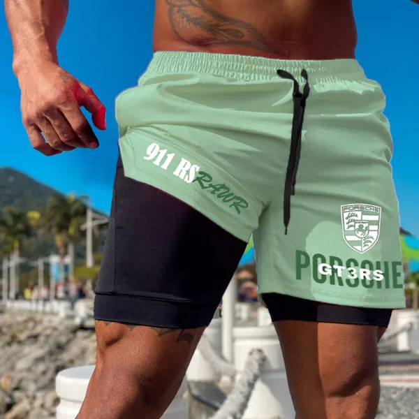Men's Racing Print Double Layer Sports Shorts - Ootdyouth.com 
