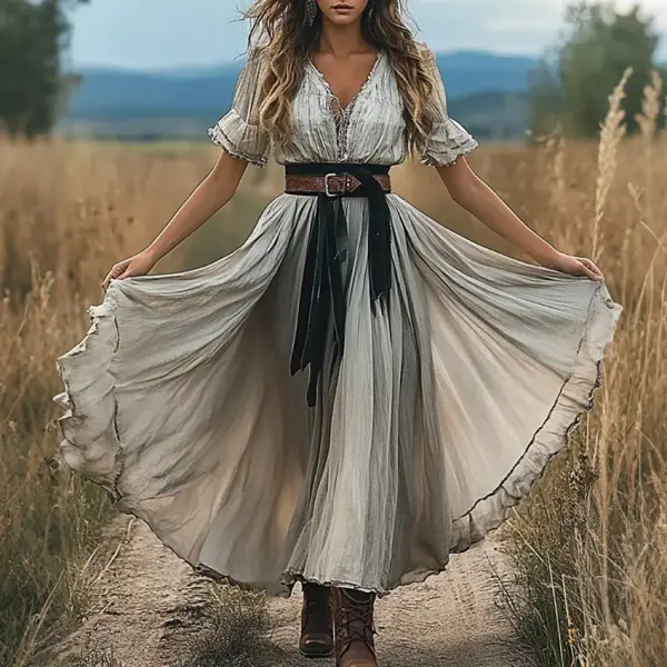 Women's Retro Summer Western Style Waist Contrast Color Maxi Dress - Ootdyouth.com 