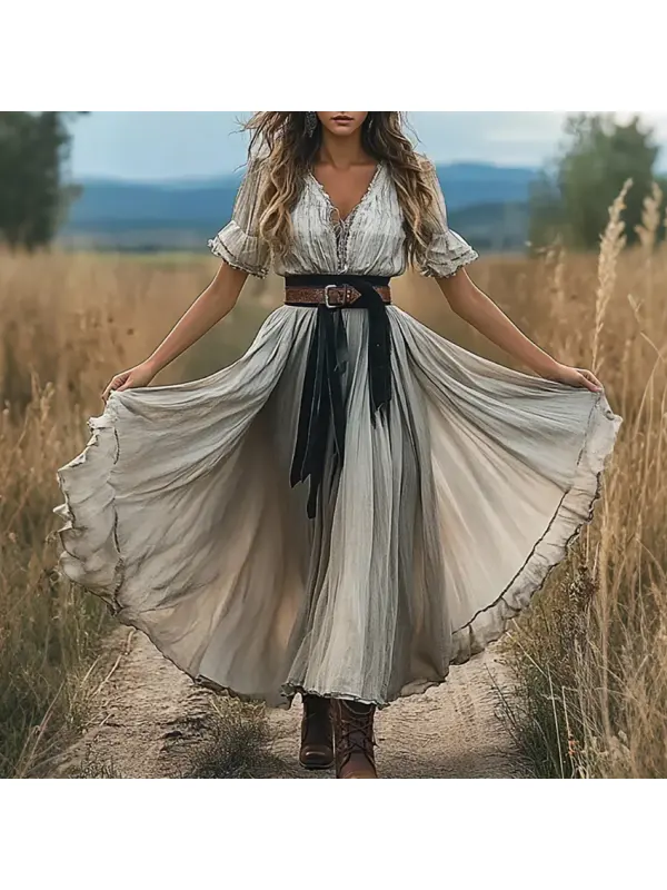 Women's Retro Summer Western Style Waist Contrast Color Maxi Dress - Anrider.com 