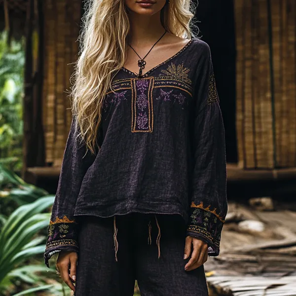 Women's Bohemian Vacation Retro Printed Casual Long Sleeve Top - Ootdyouth.com 