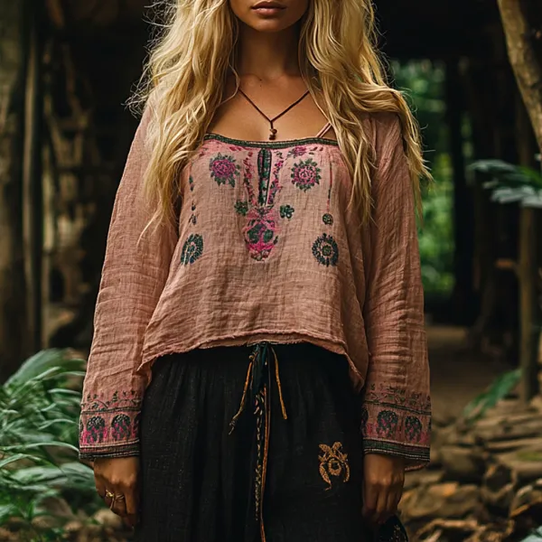 Women's Bohemian Vacation Retro Embroidered Printed Casual Long Sleeve Top - Ootdyouth.com 