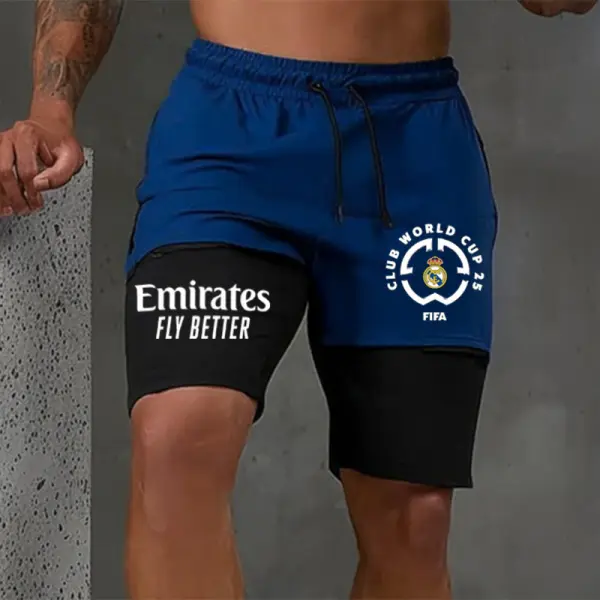 Men's Royal Blue Fake Two-Piece Sports Fitness Football Style Printed Shorts - Ootdyouth.com 