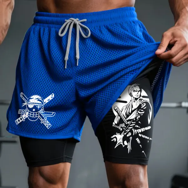 Fitness Double Mesh Shorts Everyday Basic Shorts Anime Print Double Layer Shorts - Ootdyouth.com 