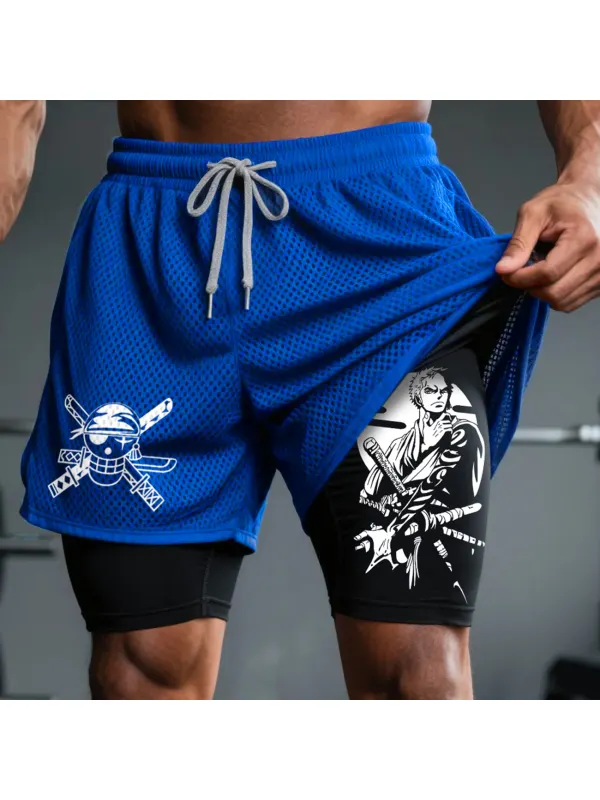 Fitness Double Mesh Shorts Everyday Basic Shorts Anime Print Double Layer Shorts - Aptkoi.com 