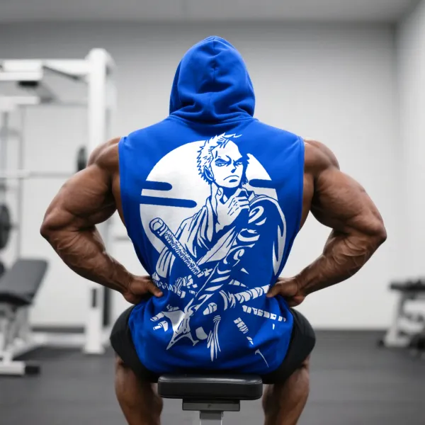 Large Size Loose Comfortable Breathable Hooded Sleeveless Top Fitness Sports Anime Print Hooded T-shirt - Ootdyouth.com 