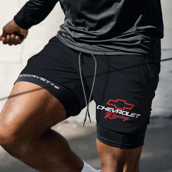 Men's Racing Print Double Layer Sports Shorts - Ootdyouth.com 
