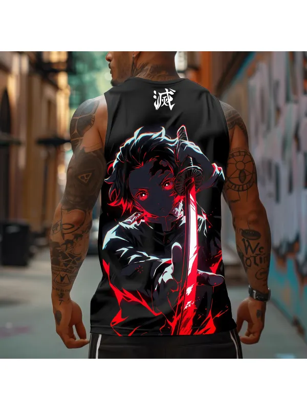 Men's Sports Fitness Fighting Hot-blooded Anime Logo Printed Casual Vest - Aptkoi.com 