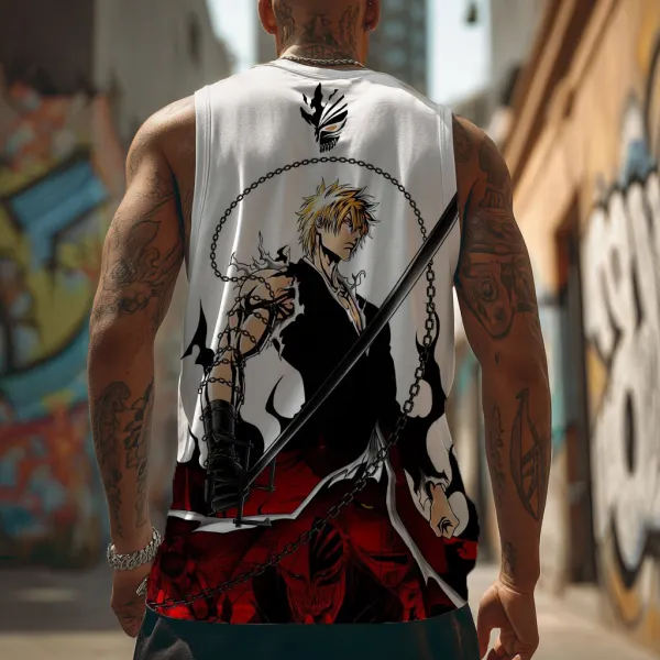Men's Sports Fitness Hot Blood Battle Anime Logo Printed Casual Sleeveless Tank Top - Ootdyouth.com 