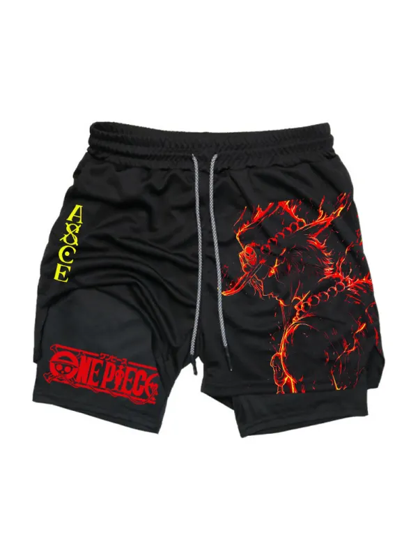 Men's Fitness Pirate Straw Hat Anime Printed Double-Layer Sports Casual Shorts - Aptkoi.com 
