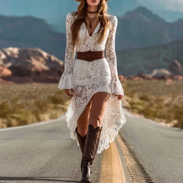 Women's Retro Western Cowboy Style Ruffle Skirt Dress Midi Dress - Ootdyouth.com 
