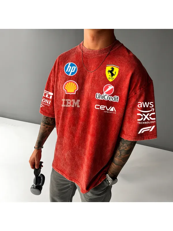 Men's Retro Washed Loose Casual Racing Print T-shirt - Aptkoi.com 