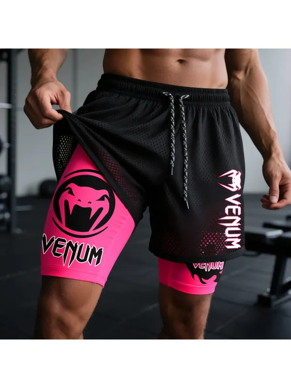 Fitness Double Mesh Shorts Ultimate Fighting Print Elastic Waist Double-Layer Shorts - Aptkoi.com 