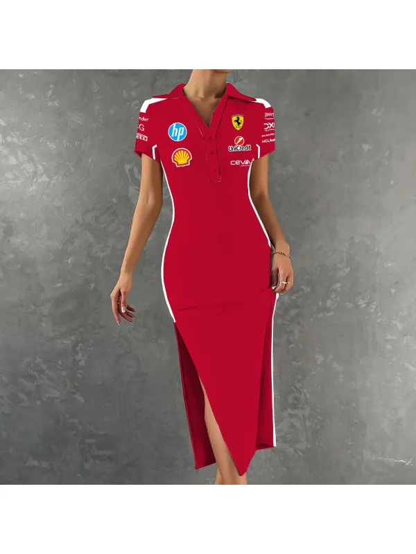 Women's Racing Team Logo Print Polo Maxi Dress - Aptkoi.com 