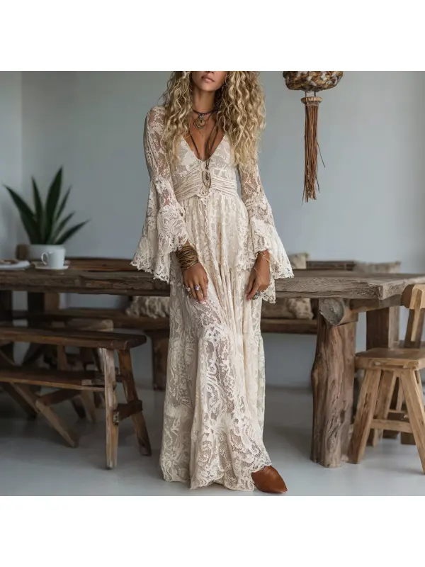 Elegant V-neck High Waist Lace Flared Long Sleeve Dress - Aptkoi.com 