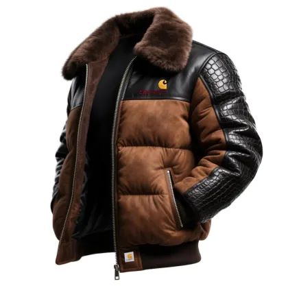 Men's Carhartt Vintage Style Thick Leather Stitching Suede Lapel Fur Collar Jacket