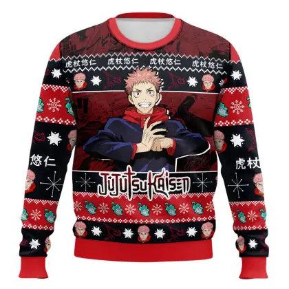 Anime-style Print Crew Neck Christmas Ugly Sweatshirt