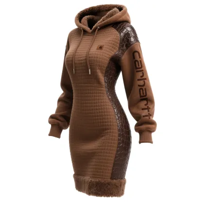 Women's Carhartt Vintage Contrast Color Stitching Suede Lambswool Lapel Hooded Long Sweatshirt