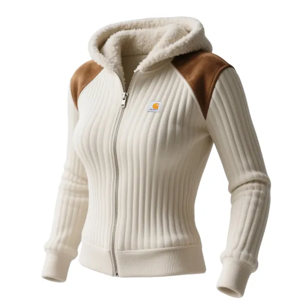 Women's Vertical Stripe Contrast Stitching Suede Lamb Wool Hooded Sweatshirt Zipper Cardigan Top - Wayrates.com 
