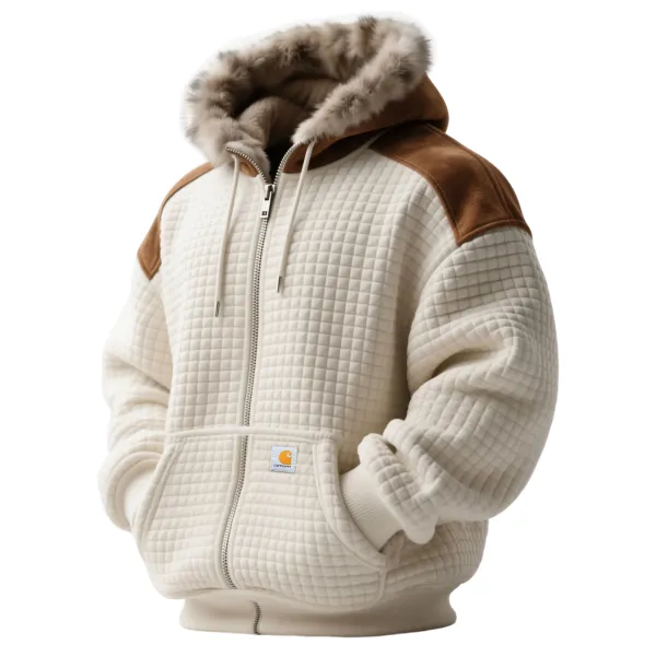 Men's Carhartt Vintage Waffle Panel Suede Fur Collar Hooded Cardigan Jacket - Wayrates.com 