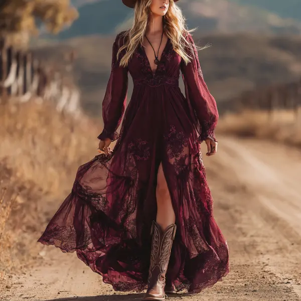 Women's Vintage Bohemian Elegance In A Wine Red Lace Maxi Dress - Wayrates.com 