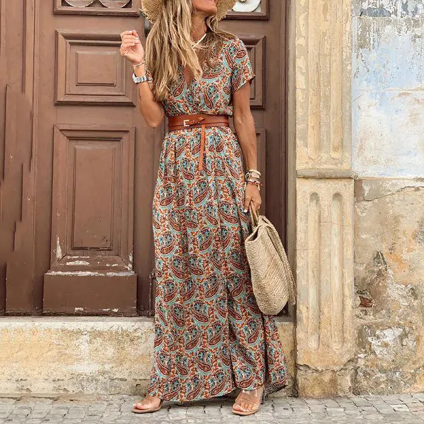 V-neck short sleeve floral print split wrap maxi dress - Leanarea.chimpone.com 