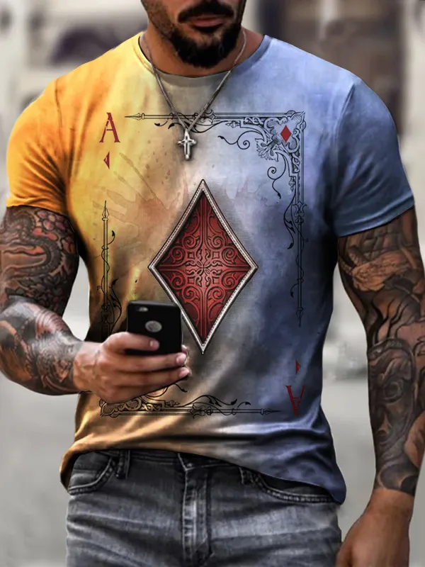 Checkered T-shirt With Playing Cards Print - Oasisjoy.com 