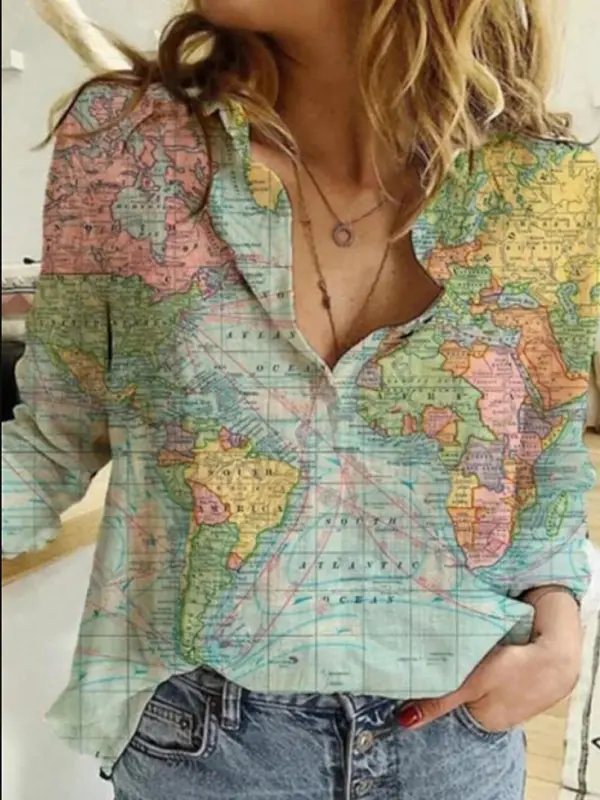 Women's Map Print Casual Shirt - Simplyion.com 