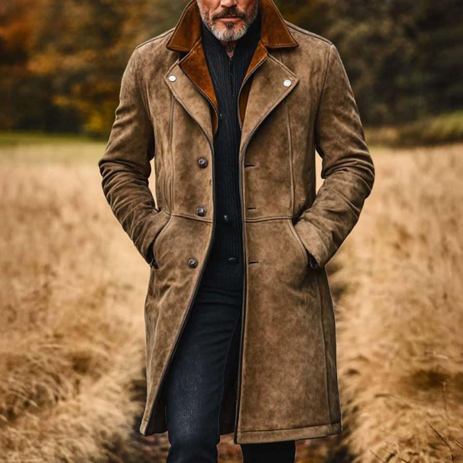 

Men's Vintage Suede Color Block Patchwork Multi-Pocket Reverse Collar Outdoor Jacket Coat