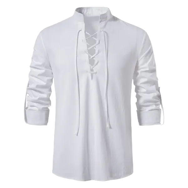 Men's Cotton Linen Henley Casual Beach Stand Collar Long Sleeve Shirt Only $37.89 - Wayrates.com 