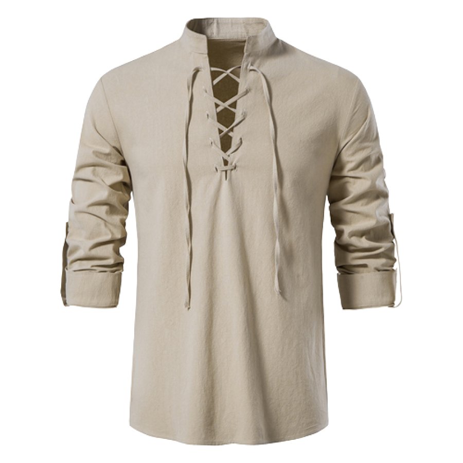 

Men's Cotton Linen Henley Casual Beach Stand Collar Long Sleeve Shirt