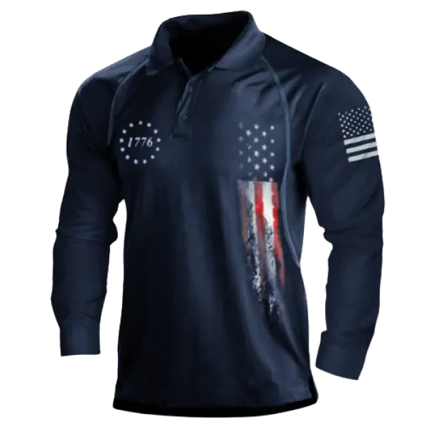 Men's 1776 Independence Day American Flag Graphic Print Long Sleeve Polo Shirt Only TWD630 - Wayrates.com 