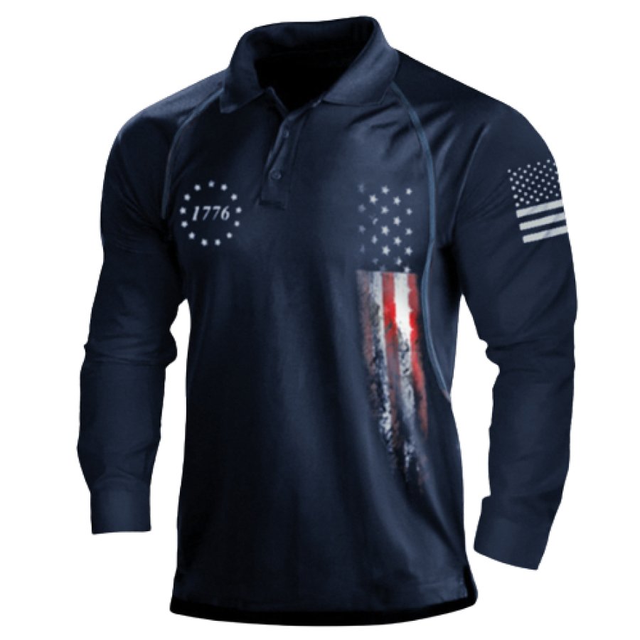 

Men's 1776 Independence Day American Flag Graphic Print Long Sleeve Polo Shirt