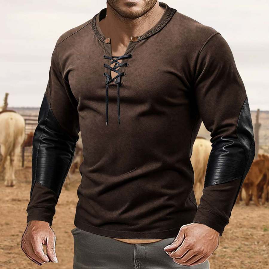 

Men's Vintage PU Leather Patchwork Normal Outdoor Causal Long Sleeve Lace-up T-shirt