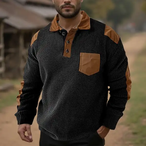 Men's Waffle Polo Shirt Long Sleeve Vintage Fashion Button Pocket Spring & Fall Black Polo Shirt - Wayrates.com 