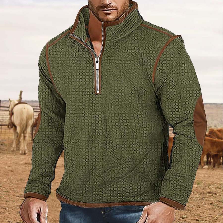 

Men's Vintage Waffle Zip Stand Collar Daily Tops Elbow Patch Long Sleeve T-Shirt