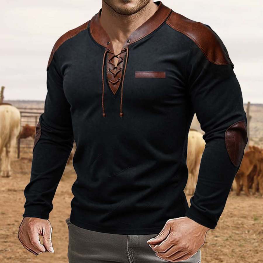 

Men's Vintage PU Leather Patchwork Normal Outdoor Causal Long Sleeve Lace-up T-shirt