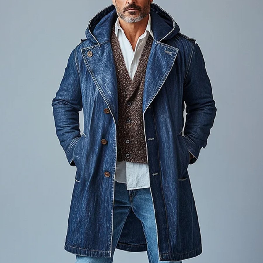 

Men's Casual Single Breasted Hooded Denim Trench Coat
