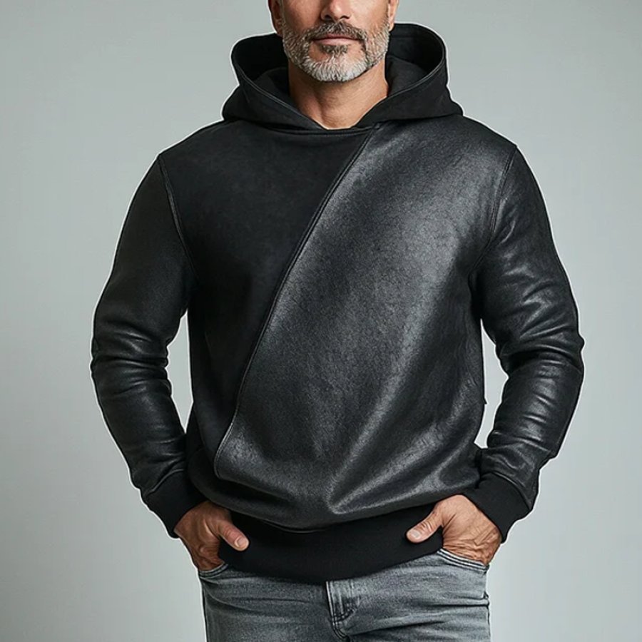 

Men's Suede PU Leather Patchwork Long Sleeve Hoodie