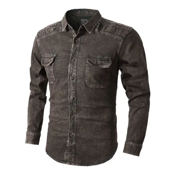 Men's Casual Chest Patch Pocket Wash Water Make Old Retro Shirt - Wayrates.com 