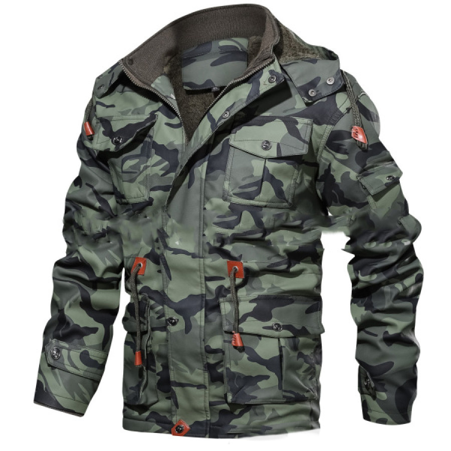 

Fleece Mid-length Leather Multi-pocket Camouflage Jacket