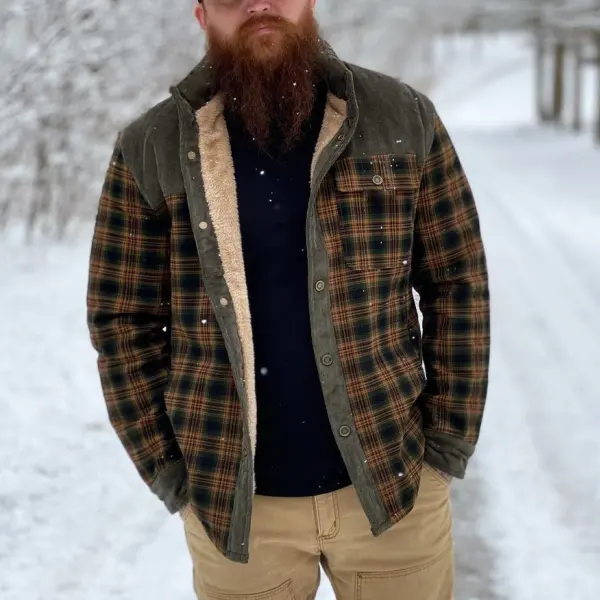 Men's Retro Check Pattern Stitching Warm Wanderer Jacket - Manlyhost.com 