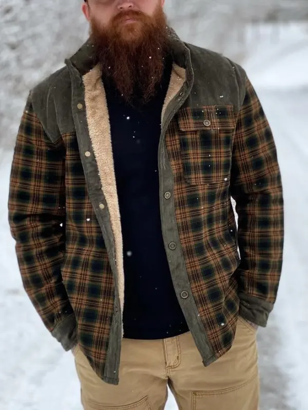 Men's Retro Check Pattern Stitching Warm Wanderer Jacket - Pragmaace.com 