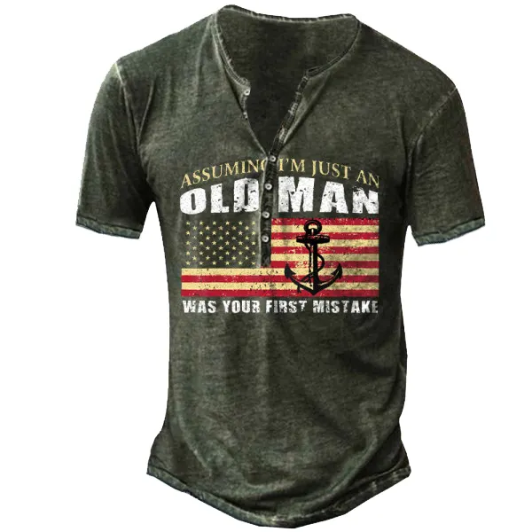 Old Men Was Your First Mistake American Flag Men's Henley Button Short Sleeve Shirt 